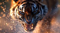 Fierce tiger face with bared fangs in dramatic close-up against dark background with glowing orange sparks and water droplets creating intense wildlife atmosphere.
