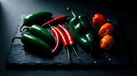 Fresh colorful chili peppers and jalapenos arranged on dark slate surface with water drops for culinary cooking and spicy food preparation.