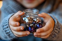 Child hands holding glass jar filled with shiny Christmas ornaments and decorative balls in blue and silver colors, wearing cozy gray knit sweater.