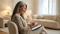 Mature Asian woman reading book in comfortable armchair at home, relaxing in cozy living room with warm lighting for leisure and education concepts.