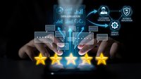 Business professional hands presenting five golden stars with digital technology icons and data analytics interface for customer satisfaction rating system.