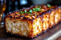 Caramelized miso glazed tofu steak garnished with green onions on wooden board, close-up with selective focus showing crispy exterior and soft interior texture.