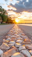 Dramatic sunset over waterfront path with white decorative stones glowing in golden light, dramatic clouds and sun rays creating peaceful scenic landscape.