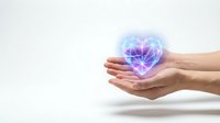 Hands holding glowing blue heart with geometric network pattern symbolizing digital love, healthcare technology, and emotional connection concepts.