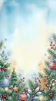 Watercolor holiday border with evergreen branches, ornaments, candy canes, gingerbread cookies, and stars on soft blue and cream background. Festive seasonal frame for greeting cards, invitations, and holiday designs.