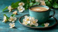 Turquoise ceramic cup of cappuccino with latte art on matching saucer, decorated with fresh jasmine flowers on blue wooden background. Cozy morning scene.