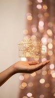 Golden wireframe house model floating above open palm with warm bokeh lights background for real estate investment and property dreams concept.