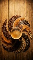 Coffee cup surrounded by beans and spices arranged in yin yang pattern on rustic wooden background for cafe menu design and culinary projects.