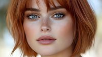 Young woman with ginger bob hairstyle, freckles, and bright blue eyes looking directly at camera with natural makeup and neutral expression against blurred background.