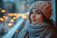 Young Caucasian woman in winter knit beanie and scarf looking away thoughtfully during snowfall with blurred bokeh lights creating magical evening atmosphere.