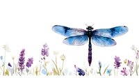 Watercolor dragonfly with blue transparent wings hovering over delicate wildflowers and lavender stems in soft purple and blue hues on white background, isolated design element.