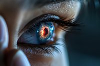 Close-up macro shot of blue eye with glowing red center and long eyelashes against dark background, dramatic lighting creates mysterious futuristic effect.