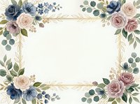 Elegant floral frame with navy and blush roses, eucalyptus, and gold lines on cream background. Perfect for wedding invitations, greeting cards, and stationery designs.