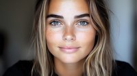 Young woman with natural freckles and bright blue eyes smiling at camera in soft lighting, wearing black top, close up portrait with blurred background.