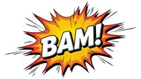 Comic book explosion burst with BAM text in bold white letters surrounded by dynamic orange and yellow flames with black radiating lines on white background.