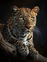 Majestic leopard portrait with piercing yellow eyes resting on wooden branch against dark background for wildlife and nature projects.