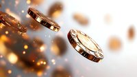 Falling golden casino chips with sparkling light effects and bokeh on blurred background, dynamic gambling composition with dramatic lighting.