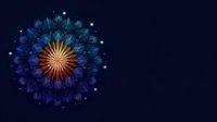 Glowing mystical mandala with deep blue petals and golden center radiating light against dark background, creating spiritual and meditative atmosphere.