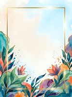 Watercolor floral frame with gold border and colorful botanical elements on soft background, suitable for invitations, greeting cards, and design templates.