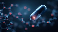 Futuristic medical capsule with glowing contents surrounded by molecular structure on dark blue background, representing pharmaceutical innovation.