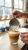 Barista hands pouring steamed milk creating latte art in glass mug on wooden counter in bright modern kitchen cafe setting for coffee preparation concepts.