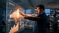 Professional businessman analyzing financial data on interactive holographic display in modern office environment for business presentations and analytics.