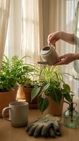 Woman watering houseplants with ceramic pot near sunny window. Indoor gardening care routine with green ferns and tropical plants on wooden surface.
