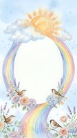 Watercolor rainbow frame with sun, clouds, birds and flowers on white background for baby shower invitations, greeting cards and nursery decor.