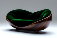 Modern curved lounge chair featuring dark wood exterior and plush emerald green velvet upholstery on minimalist gray background, luxury furniture design concept.
