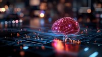 Glowing pink brain hologram floating above circuit board with bokeh light effects in dark background represents artificial intelligence and machine learning.