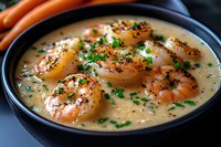 Fresh jumbo shrimp in creamy garlic sauce garnished with chives and black pepper, served in dark ceramic bowl with carrots on rustic wooden background.