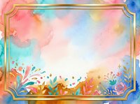 Watercolor splashes and floral elements in vibrant rainbow colors with gold ornamental frame border on white background, suitable for invitations and greeting cards.