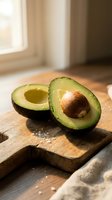 Fresh ripe avocado halves on wooden cutting board in warm sunlit kitchen for healthy cooking and meal preparation.