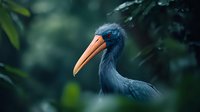 Majestic blue heron with distinctive orange beak against dark green foliage background, side profile portrait showcasing elegant plumage and natural habitat setting.