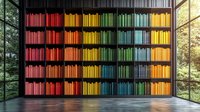 Colorful rainbow bookshelf with color-coded books arranged in spectrum order from red to yellow in modern room with large windows overlooking forest landscape.