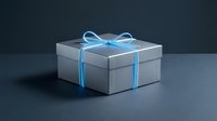Gray gift box with glowing blue neon ribbon bow on dark background. Modern present packaging with electric light effect for holidays and celebrations.
