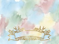 Watercolor pastel background with ornate gold ribbon banner, soft blended colors in pink, blue, green and yellow, isolated on transparent background for greeting cards and design projects.