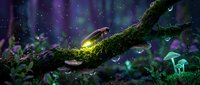 Enchanted forest scene with glowing firefly on moss-covered branch surrounded by magical luminescent mushrooms and sparkling particles in mystical woodland.