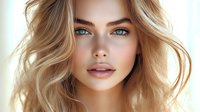 Young woman with blonde wavy hair and striking blue eyes gazing directly at camera against light background, showcasing natural makeup and glowing skin for beauty and fashion content.