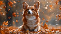 Pembroke Welsh Corgi sitting in autumn leaves with falling orange maple foliage creating magical atmosphere against blurred forest background.