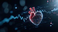 Digital heart model with glowing particles and medical data charts in dark blue background, showcasing cardiovascular health monitoring and analysis technology.