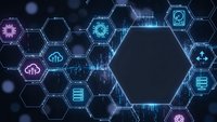 Futuristic hexagonal network with glowing tech icons and digital connections on dark blue background for modern business presentations.