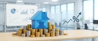 Young professional analyzing real estate investment growth with stacked coins and house symbol in modern office setting, representing property market trends and financial planning.