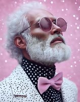 Senior man with white beard wearing pink-tinted round sunglasses, polka dot shirt, and bow tie against pink bokeh background. Fashion and lifestyle portrait.