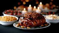 Glazed honey baked ham with caramelized crust served on festive dinner table with side dishes, warm candlelight creates cozy holiday atmosphere.