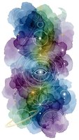 Mystical watercolor chakra symbols with sacred geometry patterns in vibrant blue purple green hues for spiritual wellness meditation design.