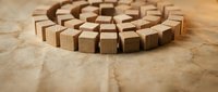 Wooden building blocks arranged in circular pattern on natural wood surface for educational play and creative construction activities.