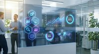 Business professionals analyzing digital analytics dashboard with holographic data visualization icons and growth charts in modern office environment.