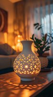 Glowing ceramic vase with intricate cutout pattern casting warm shadows in cozy evening room setting with houseplants and soft ambient lighting.