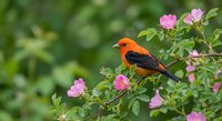 Vibrant orange and black songbird perched on blooming pink rose bush in natural garden setting with soft green bokeh background for nature photography.